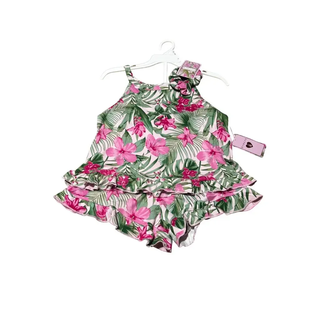 Btween 10 pink green floral ruffled pajama set with scrunchie super soft nwt